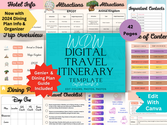 2024 WDW Mobile Travel Itinerary Planner Template with Hyperlinks - Fully Customizable - Now includes Dining Plan