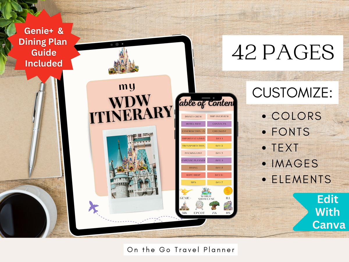 2024 WDW Mobile Travel Itinerary Planner Template with Hyperlinks - Fully Customizable - Now includes Dining Plan
